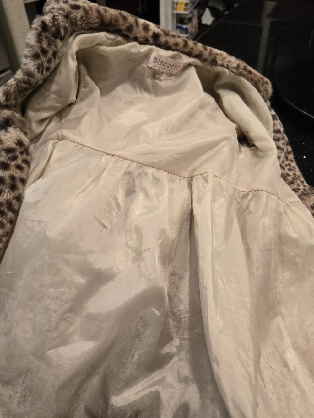 Girls Faux Fur Leopard Print Coat - Taupe/Brown. Biscotti Collection. Size 5